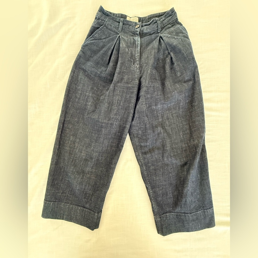 Toast Jeans Cropped Barrel Leg High Waist Pleated Denim Medium Dark Wash UK8 US4